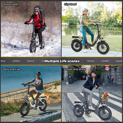 Electric Bike for Adults Step-Through Ebike with 16" Fat Tire, To Speed 19.9 MPH, 48V 13AH Removable Battery, E-Mountain Bicycle with Back Seat & Front Basket, UL2849 (White)