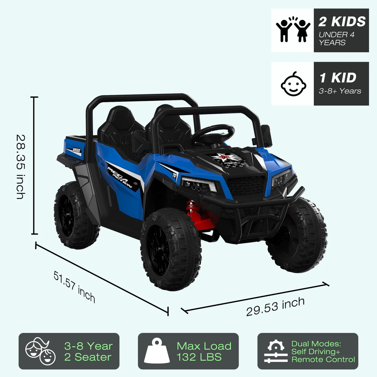 Mega Motion 24V Kids Electric Ride-On UTV Truck with 4WD, Dump Bed, 2 Seats, LED Lights, Music, Remote Control, Shovel, for Boys & Girls