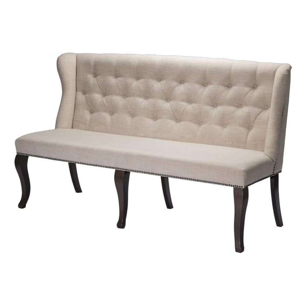 Cappuccino Wood Dining Bench Upholstered with Beige Linen Fabric