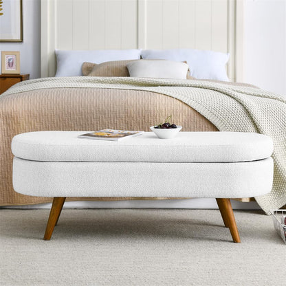 Sumdeal 43.5" Storage Ottoman Bench with 250lb Seating, Linen Upholstered Wood Legs Safety Hinge Flip Top Oval Foot Rest Long Stool for Sofa Couch Bedroom End of Bed Living Room Entryway, White