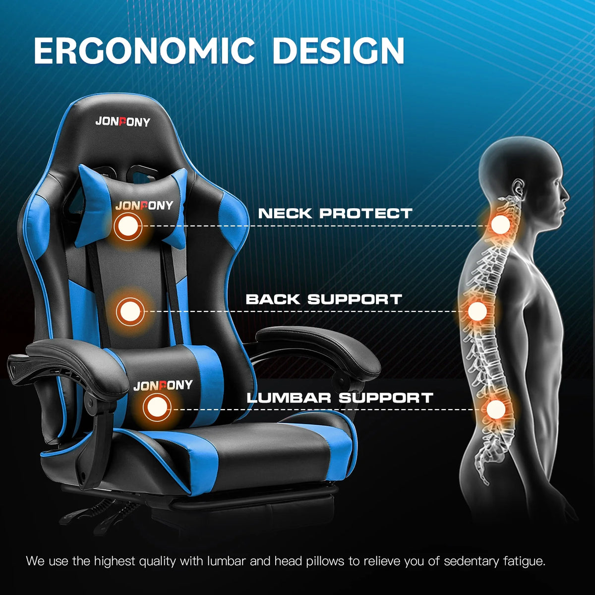 JONPONY Big and Tall Gaming Chair, Ergonomic Design, Gamer Chair PU Leather with Footrest and Lumbar Support, High Back Office Chair Support 8 Hours Long Sitting, Computer Chair,Black Grey