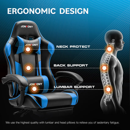 JONPONY Big and Tall Gaming Chair, Ergonomic Design, Gamer Chair PU Leather with Footrest and Lumbar Support, High Back Office Chair Support 8 Hours Long Sitting, Computer Chair,Black Grey