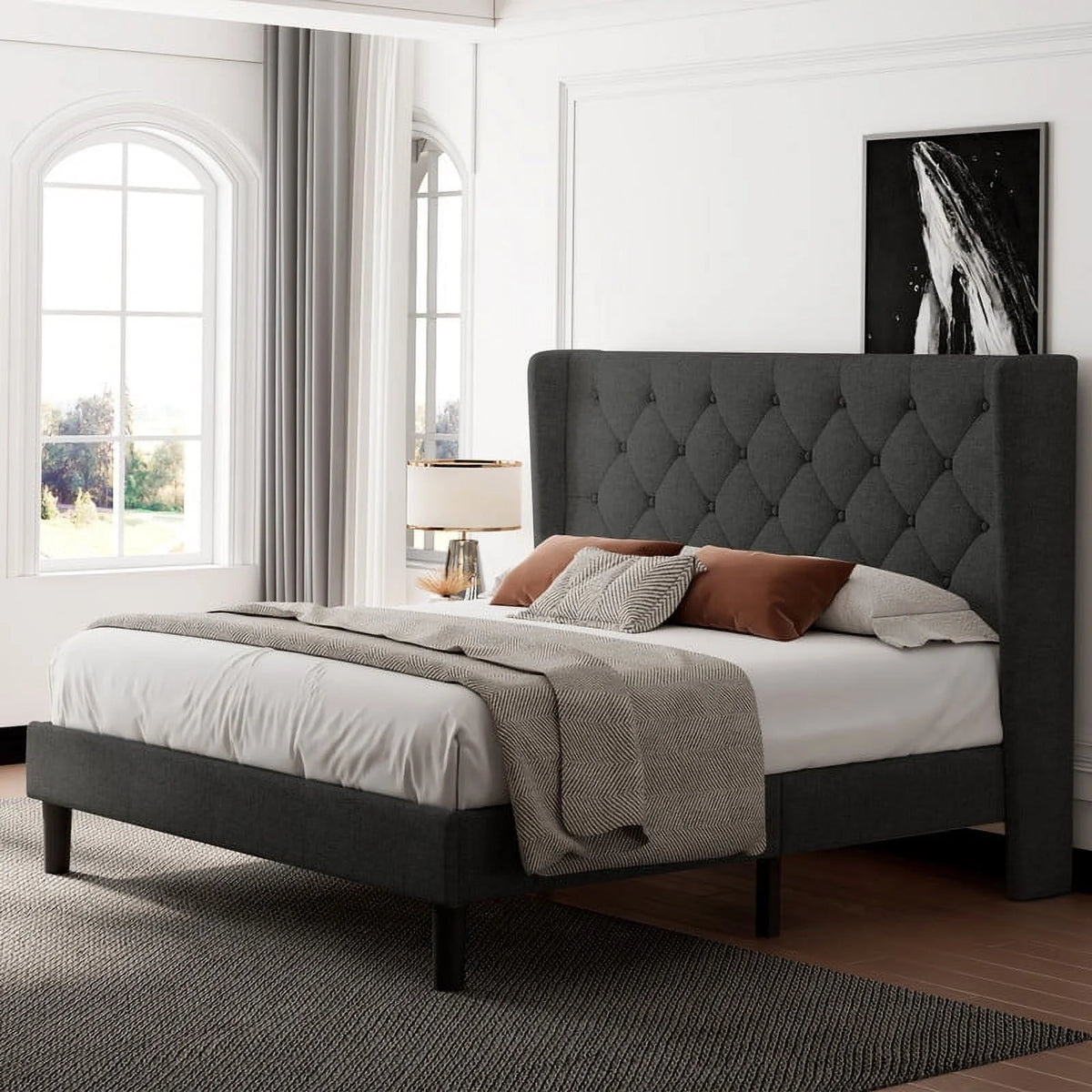 iPormis Full Size Bed Frame with Diamond Button Tufted Wingback Headboard, Upholstered Platform Bed Frame with Strong Wood Slat Support, No Box Spring Needed,Black