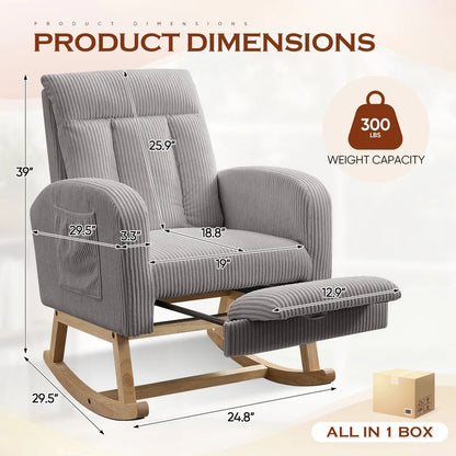 FFH Rocking Chair Nursery, Tufted Accent Rocker Chair, Upholstered Armchair with Adjustable Footrest, Side Pocket, High Backrest, Padded Seat, Polyester Blend (Retro, Dark Gray)