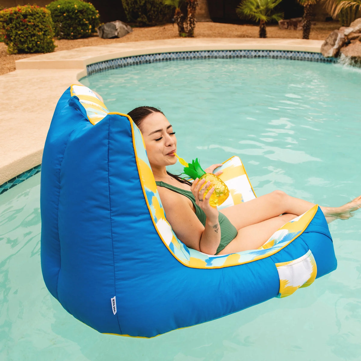 Big Joe Captain's Float No Inflation Needed Pool Lounger with Drink Holder, Tropical Hibiscus Aqua Double Sided Mesh, Quick Draining Fabric, 3 feet
