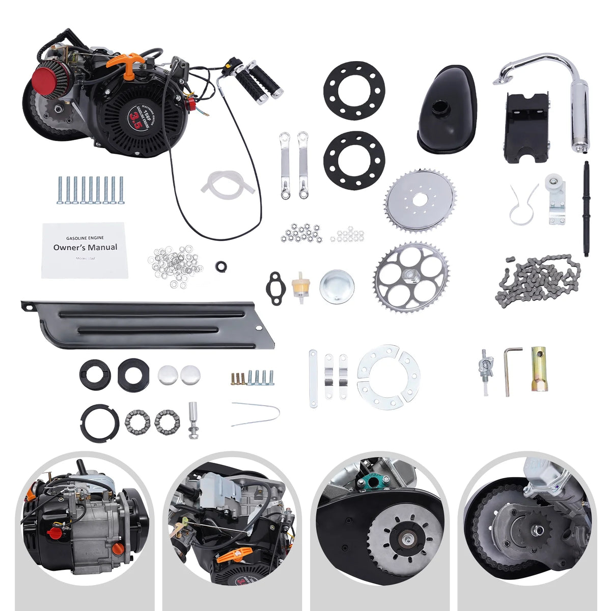 Aiqidi Full Set 100CC 4-Stroke Bicycle Engine Kit Gas Motorized Motor Bike Modified Engine Conversion Kit Chain Drive 3HP 3600Rpm