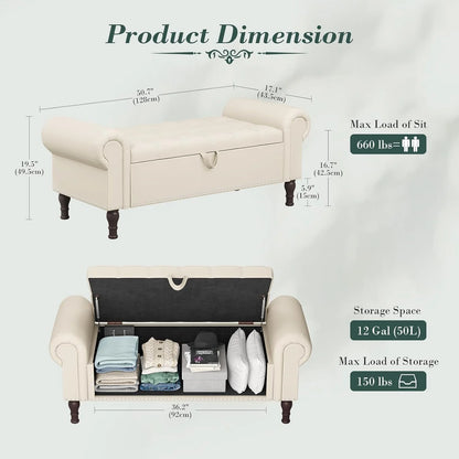 YOUDENOVA Storage Ottoman Bench for Bedroom 51" Queen Leather Storage Bench with Button, Upholstered Bedroom Bench with Rolled Arms for Living Room, Storage Room, Entryway, Gray