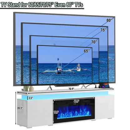 LED TV Stand for up to 85" TVs with Power Outlet, 75" Large Entertainment Center Console Table Gaming Soundbar Shelf with 2 Storage Cabinets