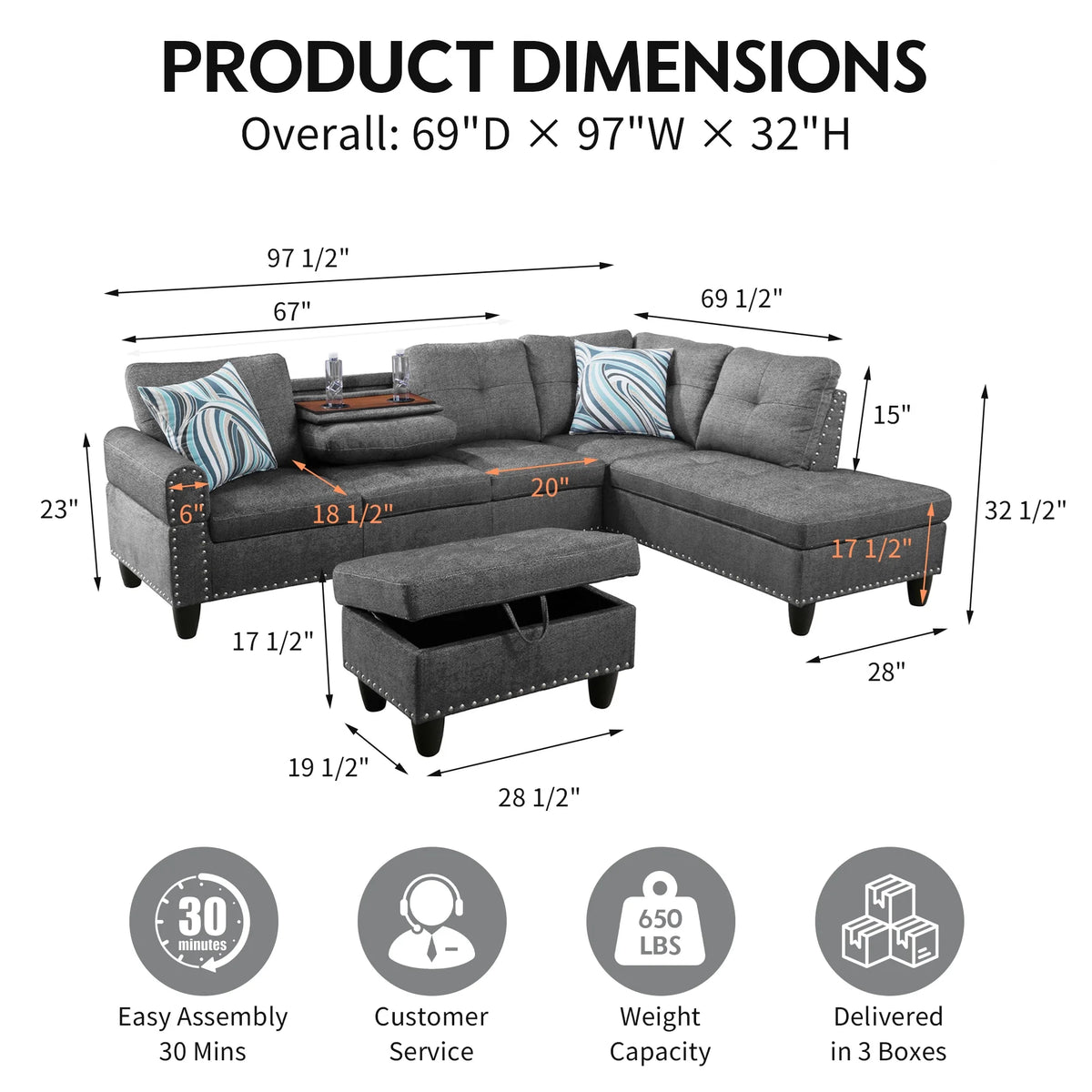 Aukfa 3 Piece Sectional Sofa, Living Room Couch with Storage Ottoman&Cup Holder, Linen, Right Hand, Purple