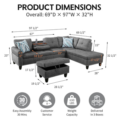 Aukfa 3 Piece Sectional Sofa, Living Room Couch with Storage Ottoman&Cup Holder, Linen, Right Hand, Purple
