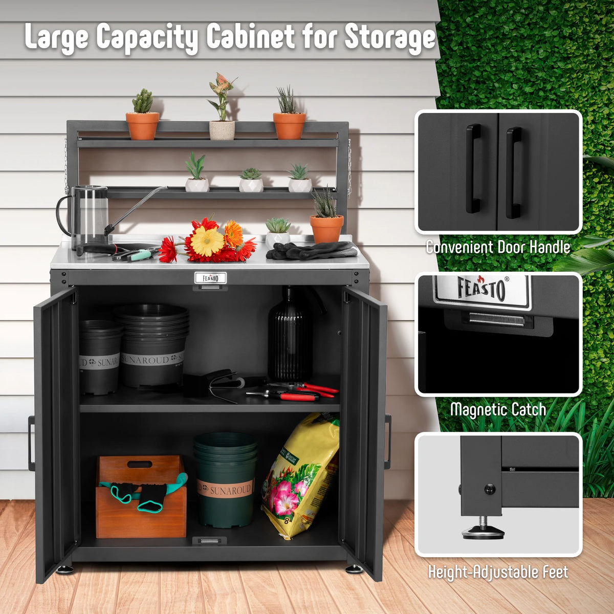 Feasto Garden Potting Bench with Storage Cabinet,Outdoor Gardening Table & Work Bench for Horticulture,Black