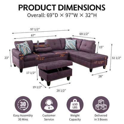 Aukfa 3 Piece Sectional Sofa, Living Room Couch with Storage Ottoman&Cup Holder, Linen, Right Hand, Purple