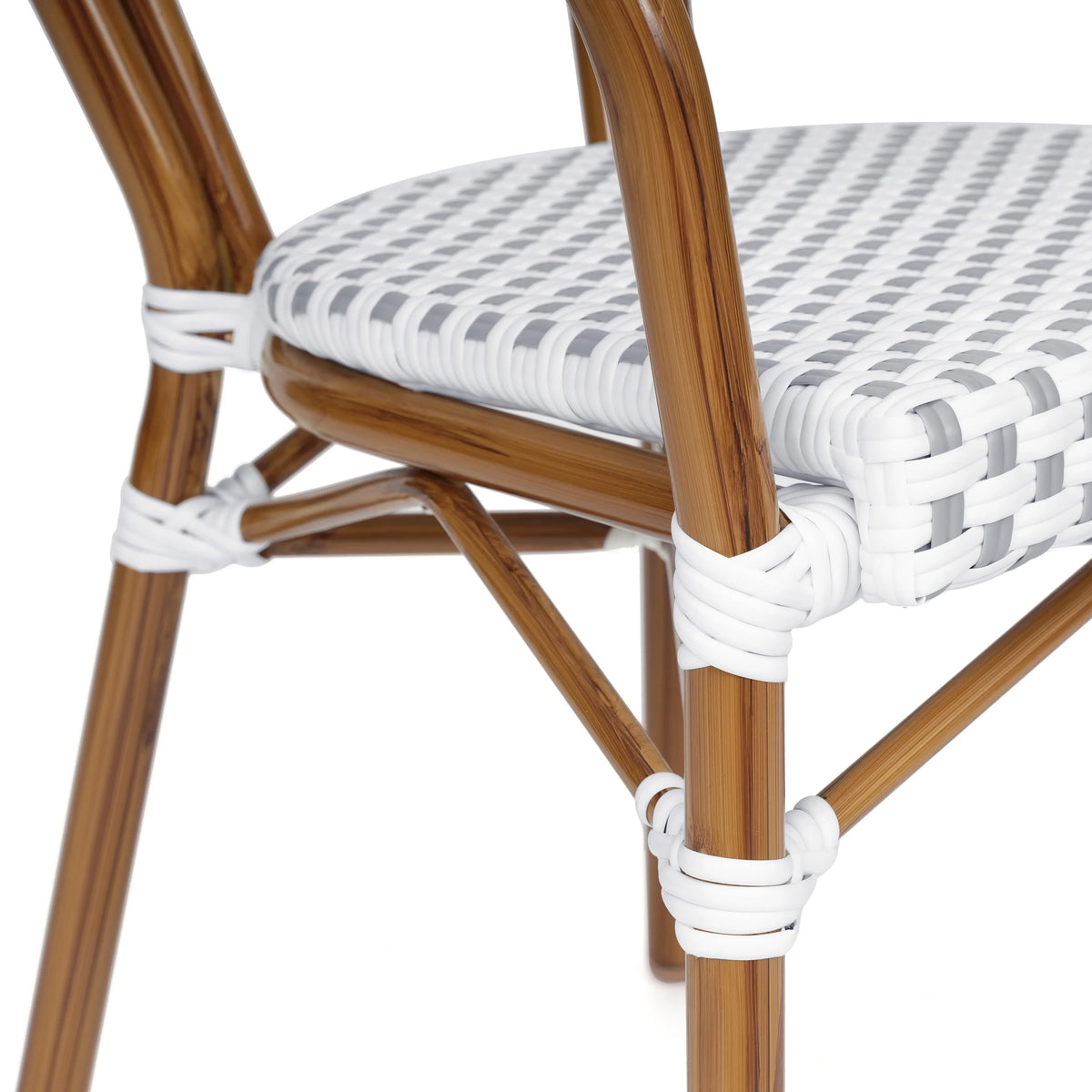 Merrick Lane Stacking Thonet French Bistro Style Chair with Arms, Black & White PE Rattan Seat, and Bamboo Finished Metal Frame for Indoor/Outdoor Use