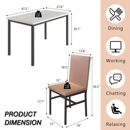 5 Piece Dining Set, Modern Dining Table and Chairs Set for 4, Counter Height Bar Table Set, Modern Pub Table with 4 Velvet Fabric Cushioned Stools, Faux Marble Dining Table & Stools Set, D9297