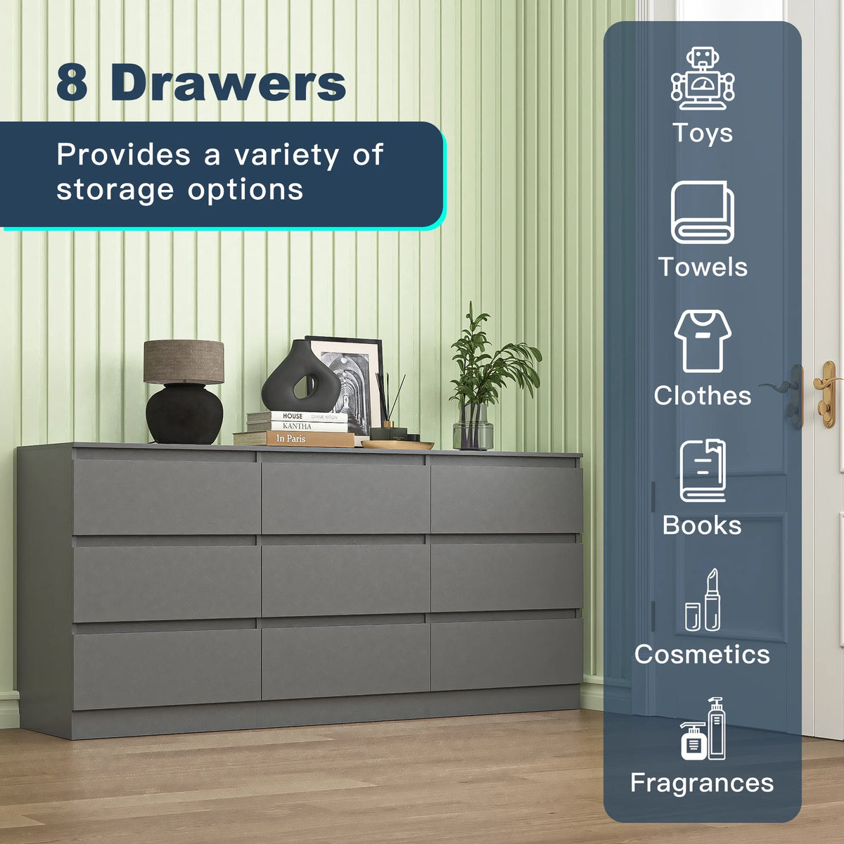 Kadyn Modern 6 Drawer Dresser Wood Cabinet,Dresser for Bedroom, Kitchen Storage Cabinet with Drawers, Chest of Drawers(Black)