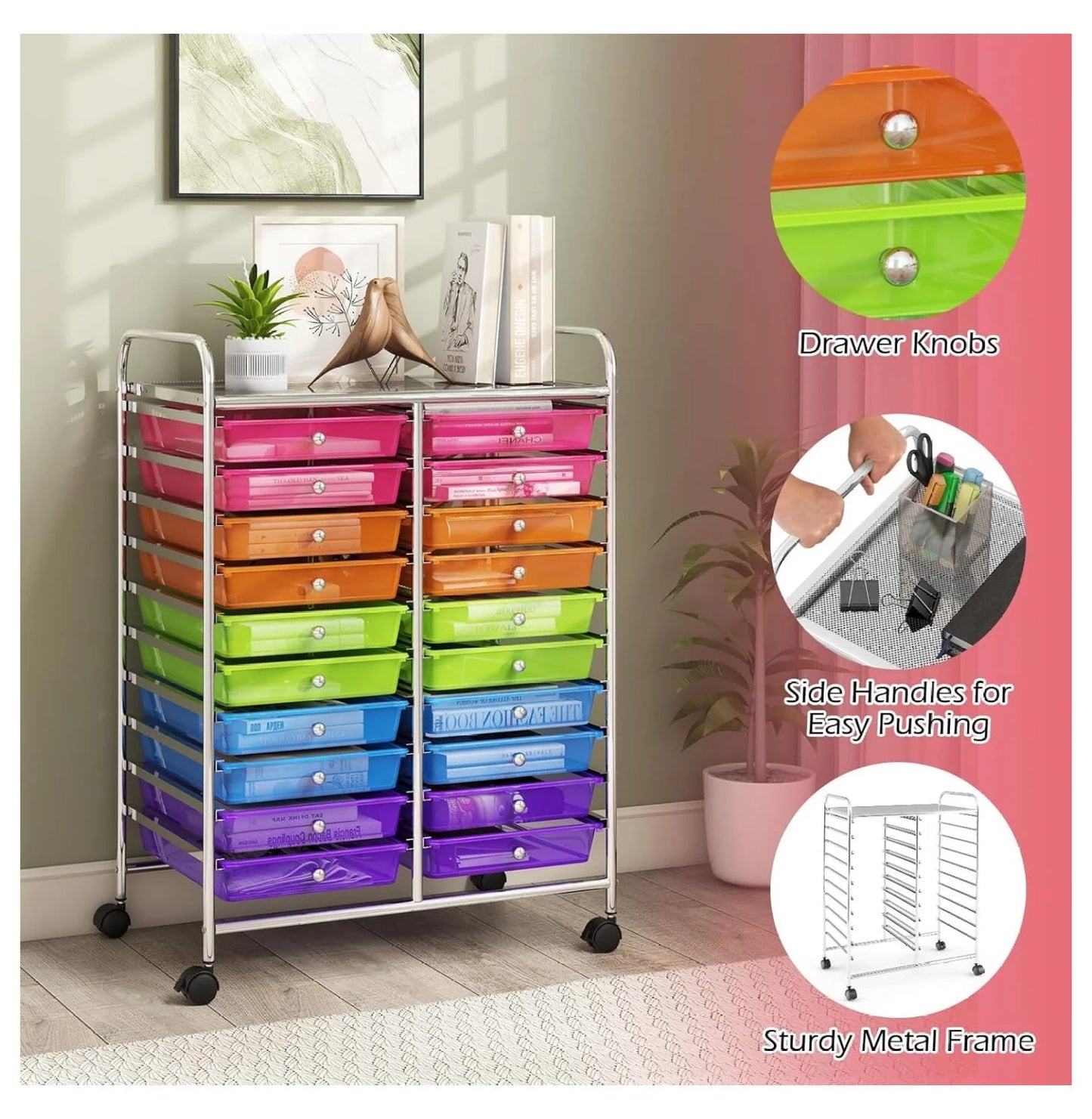20 Drawers Storage Cart w/Rolling Wheels, Semi-Transparent Mobile Rolling Drawer Cart for School Classroom Office Home Salon, Files Scrapbook Craft Organizer, Utility Cart on Wheels (Clear)