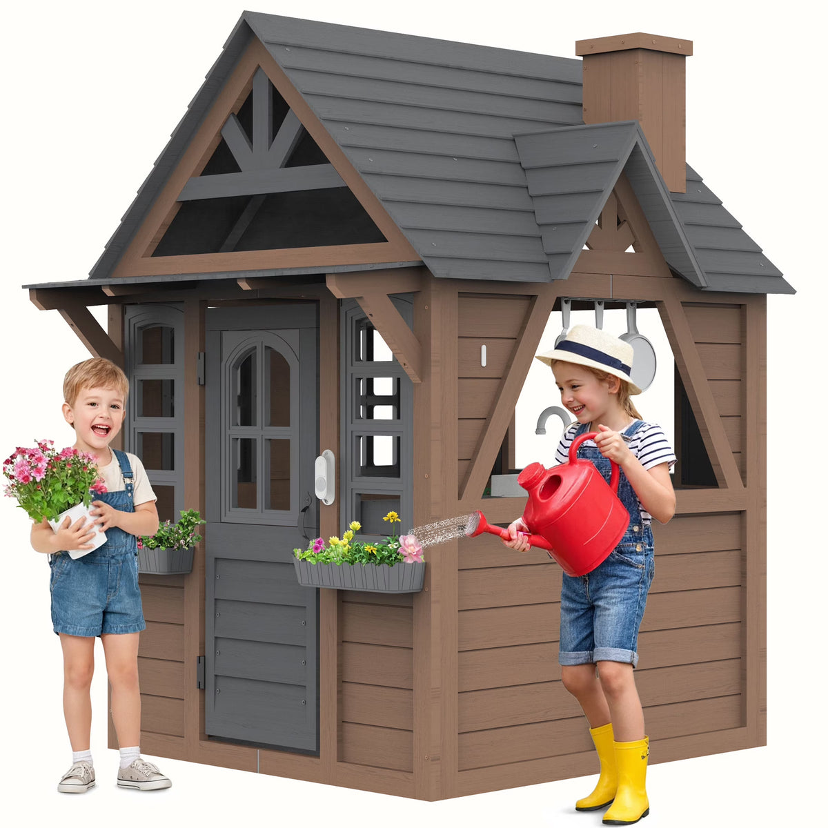 COCLUB Outdoor Playhouse for Kids Ages 4-8, Wooden Play House with Doorbell, Phone, Kitchen Toys, Outdoor Kids Play Equipment, Casa Para Ni?as (45��L x 65��H), White & Black