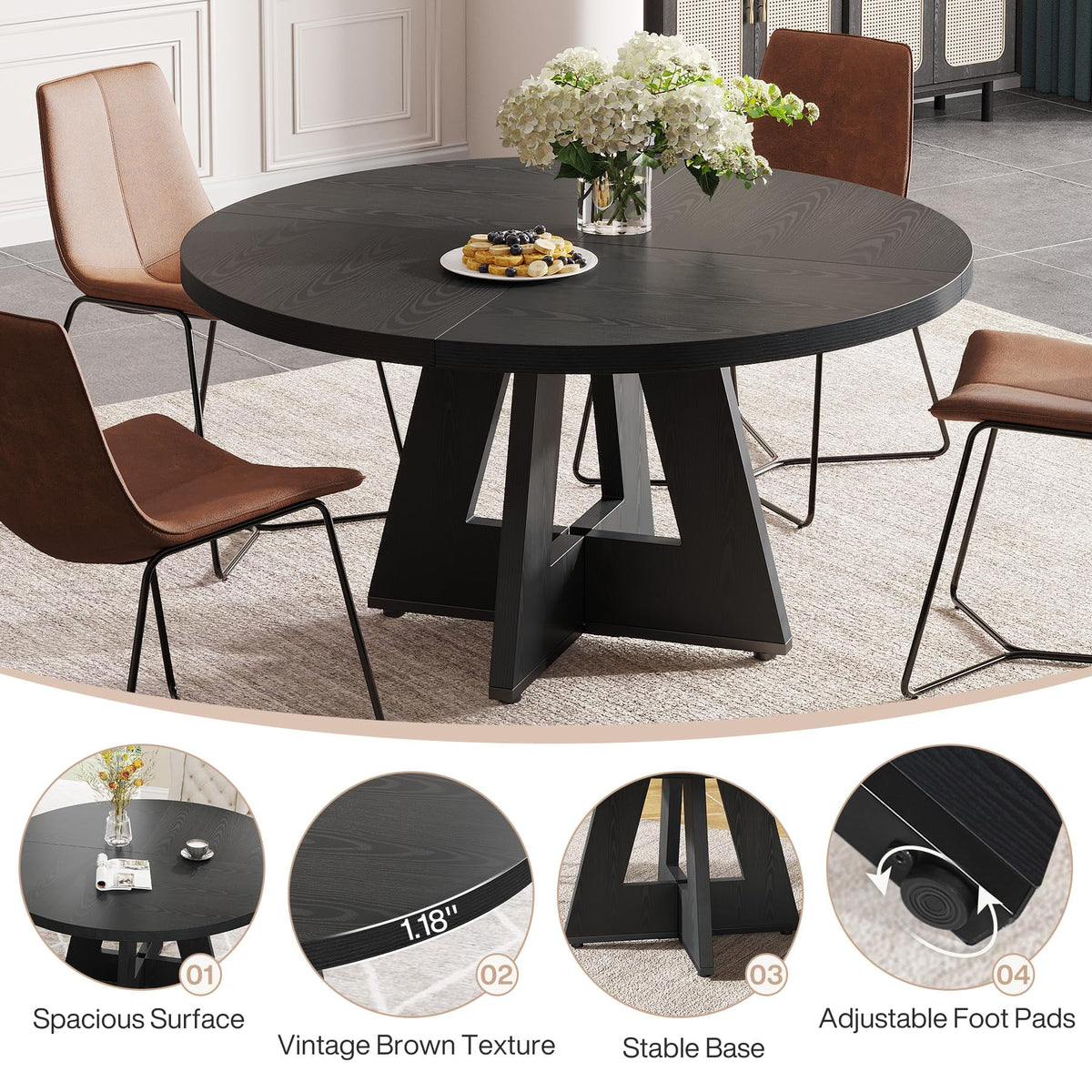 Tribesigns Round Dining Table for 4, Grey Kitchen Table 47 Inch Farmhouse Wood Kitchen Dinning Table for Kitchen Living Room