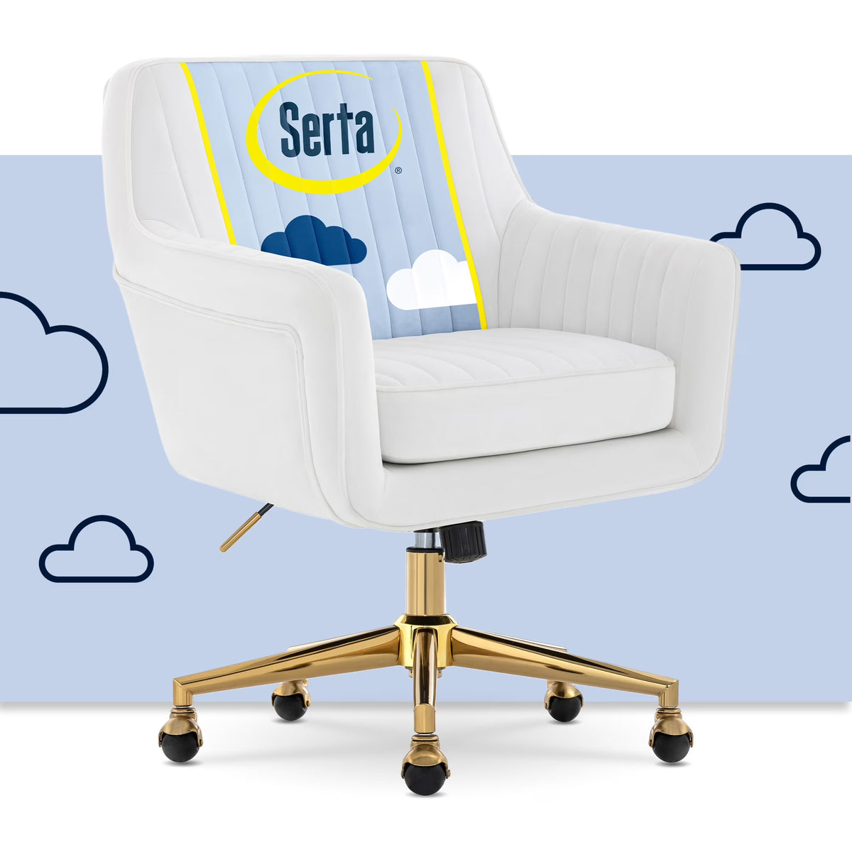 Serta Ashleigh Modern Office Chair Channel-Tufted Design White Velvet Fabric