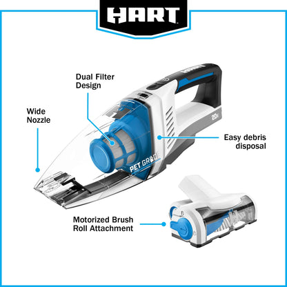 HART 20-Volt Cordless Hand Vacuum Kit with Multi-Surface Motorized Brush Roll, HPHV34B
