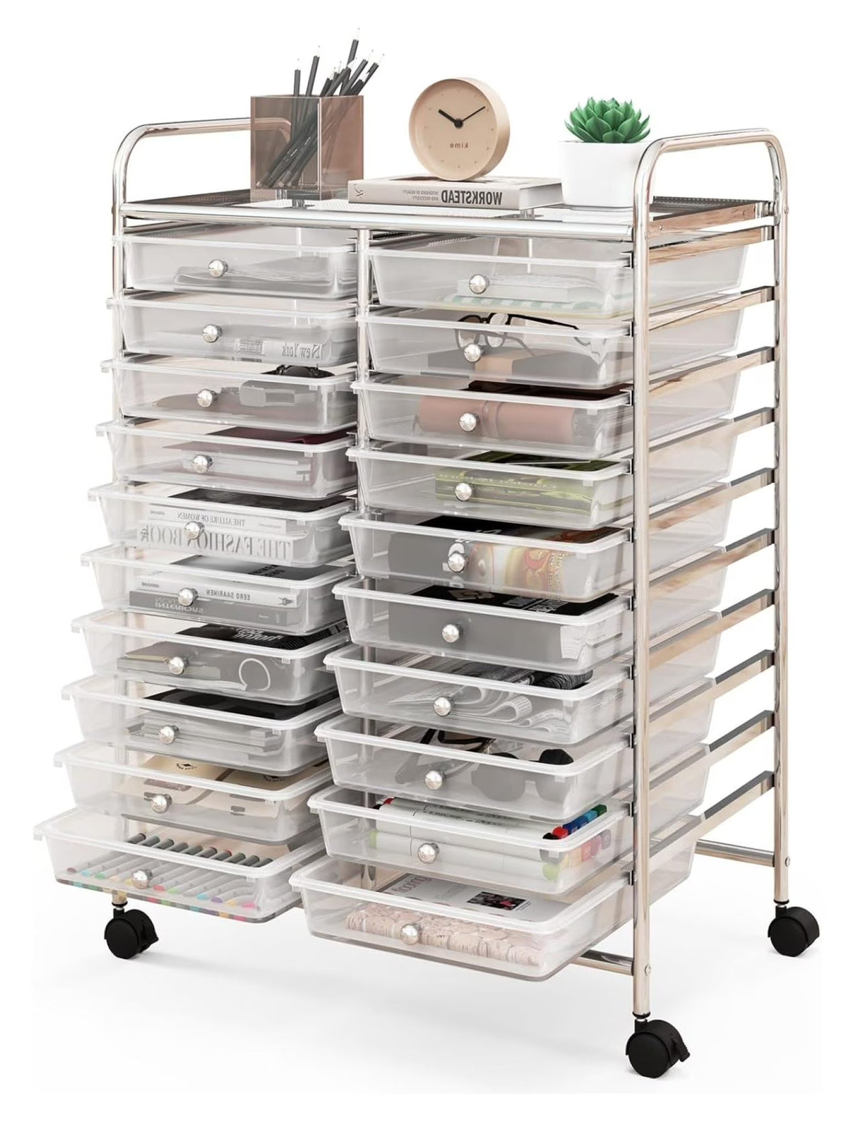 20 Drawers Storage Cart w/Rolling Wheels, Semi-Transparent Mobile Rolling Drawer Cart for School Classroom Office Home Salon, Files Scrapbook Craft Organizer, Utility Cart on Wheels (Clear)