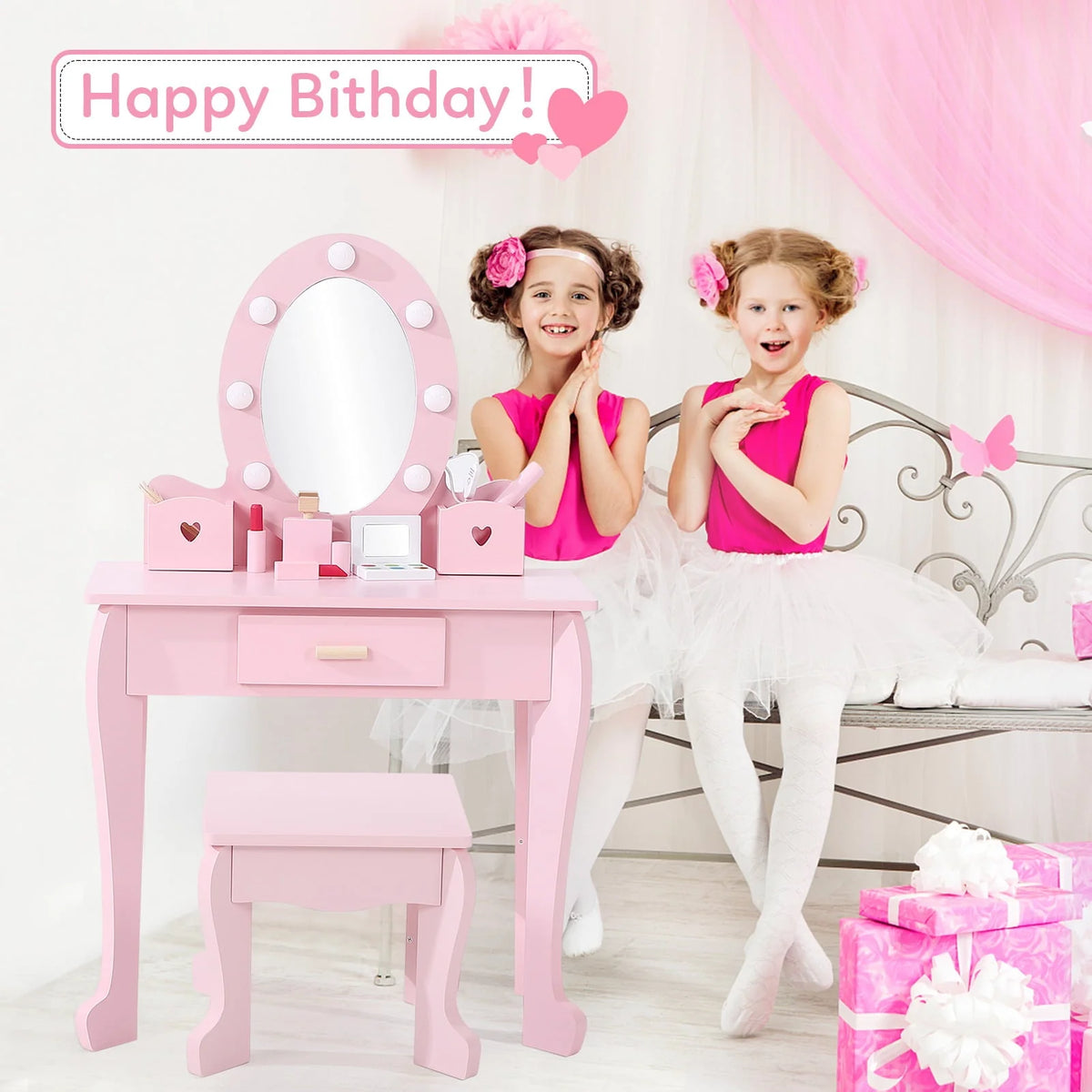 Girl Vanity Table and Chair Set, Kids Wood Makeup Dressing Table with Lights, Mirror, Drawer & Stool
