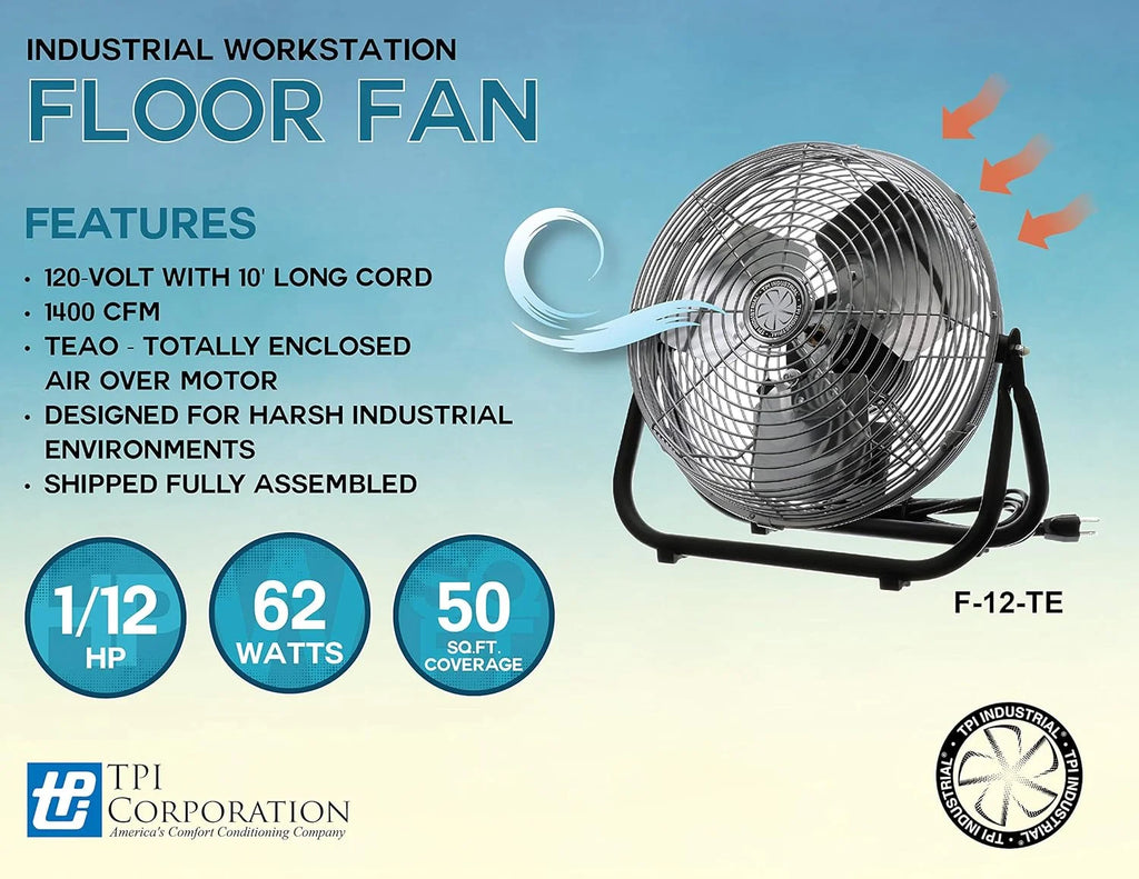 TPI 1-Phase, 120V 12" Industrial Floor Fan 1/12 HP