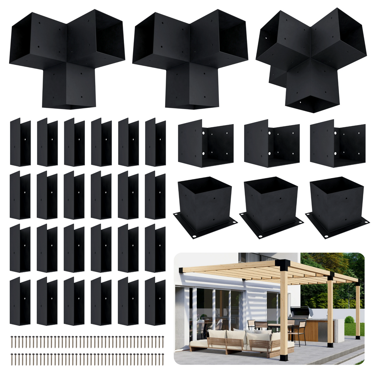 DIY Modern Deck Pergola Bracket Kit for Up to 12 x 22 Pergola Attached to Deck - Metal 6x6 Brackets for DIY Wood Pergola (Lumber Not Included)