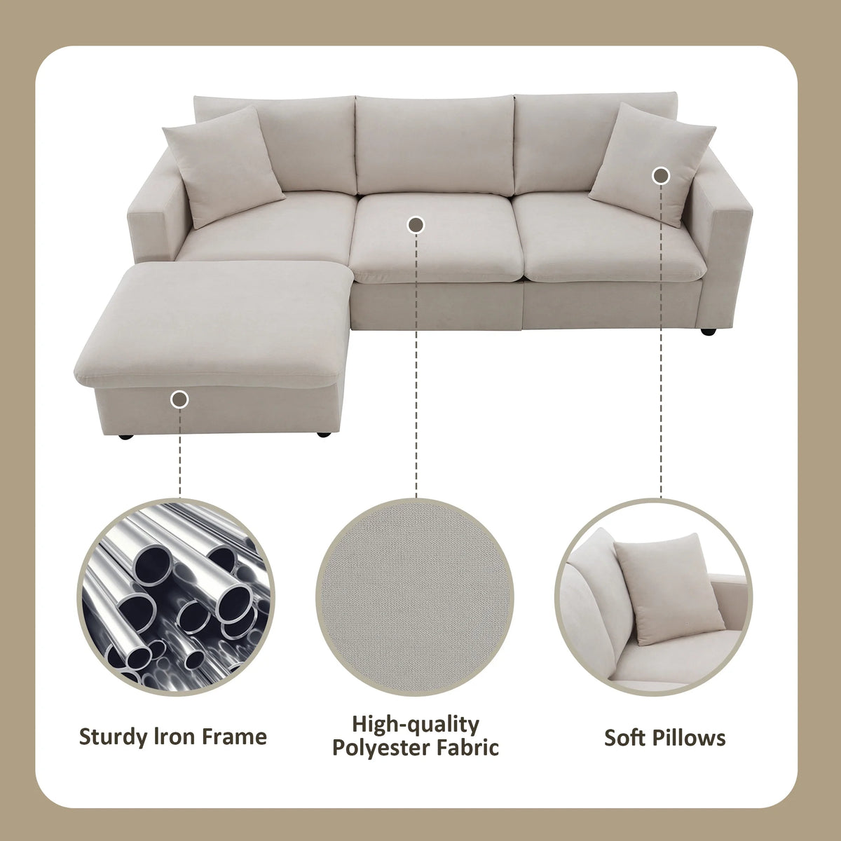 Harper & Bright Designs Modern Sectional Sofa 3 Seat Couch with Ottoman, Upholstered L Shaped Cloud Couch for Small Space Apartment Office, White
