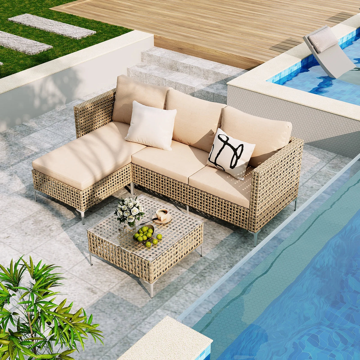 3 Piece Patio Furniture Set with Chaise Longue & Coffee Table, Outdoor Wicker Conversation Set for Patio, Porch, Backyard - All-Weather Yellow/Beige Cushions (Waterproof & Fade-Resistant)