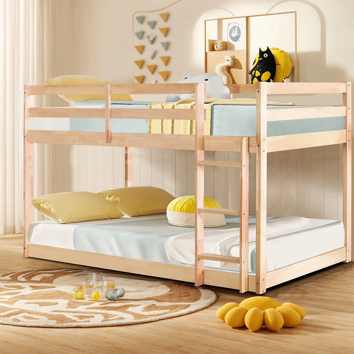 Twin Over Twin Floor Bunk Bed, UHOMEPRO Solid Wood Low Bunk Bed with Safety Rail, Ladder, Heavy Duty Bunk Beds, Space-Saving Bedroom Dorm Furniture, Gray