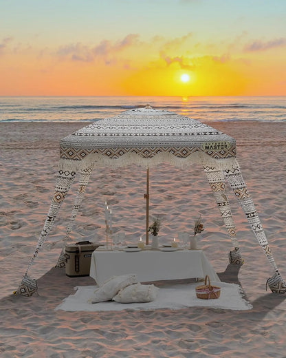 OutdoorMaster Beach Cabana with Fringe, Portable 6' x 6' Beach Canopy, Easy Set Up Beach Shelter, Included Side Wall, UPF 50+ UV Protection Sun Umbrella - for Kids, Family & Friends