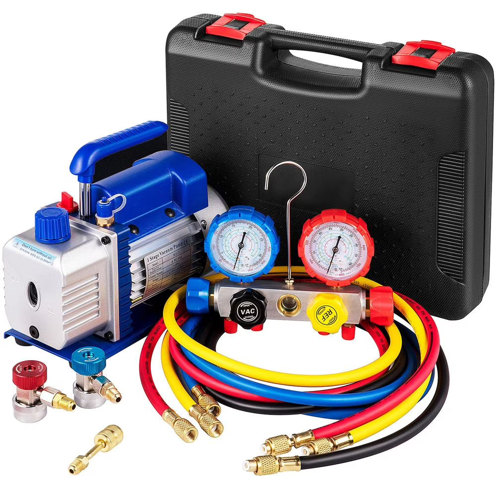 Vacuum Pump 4.8CFM 1/3 HP Single Stage HVAC A/C Refrigeration Kit 5PA Ultimate Vacuum Manifold Gauge Set R410A R134A R22 HVAC AC, 4-Way Manifold Gauge and Hose for Air Conditioning Systems