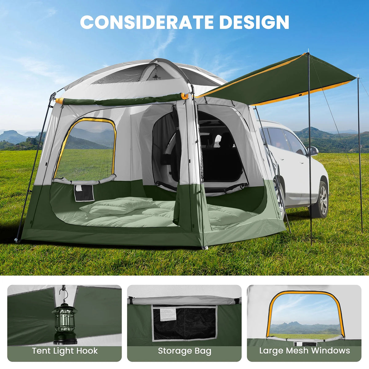 MOPHOTO SUV Tents for Camping 4 People, PU 3000mm Waterproof SUV Tent Attachment Tailgate Tent for Car Jeep Van, Spacious Space 8.2'L x 8.2'W x 7.2'H with 2 Awnings & Double Door