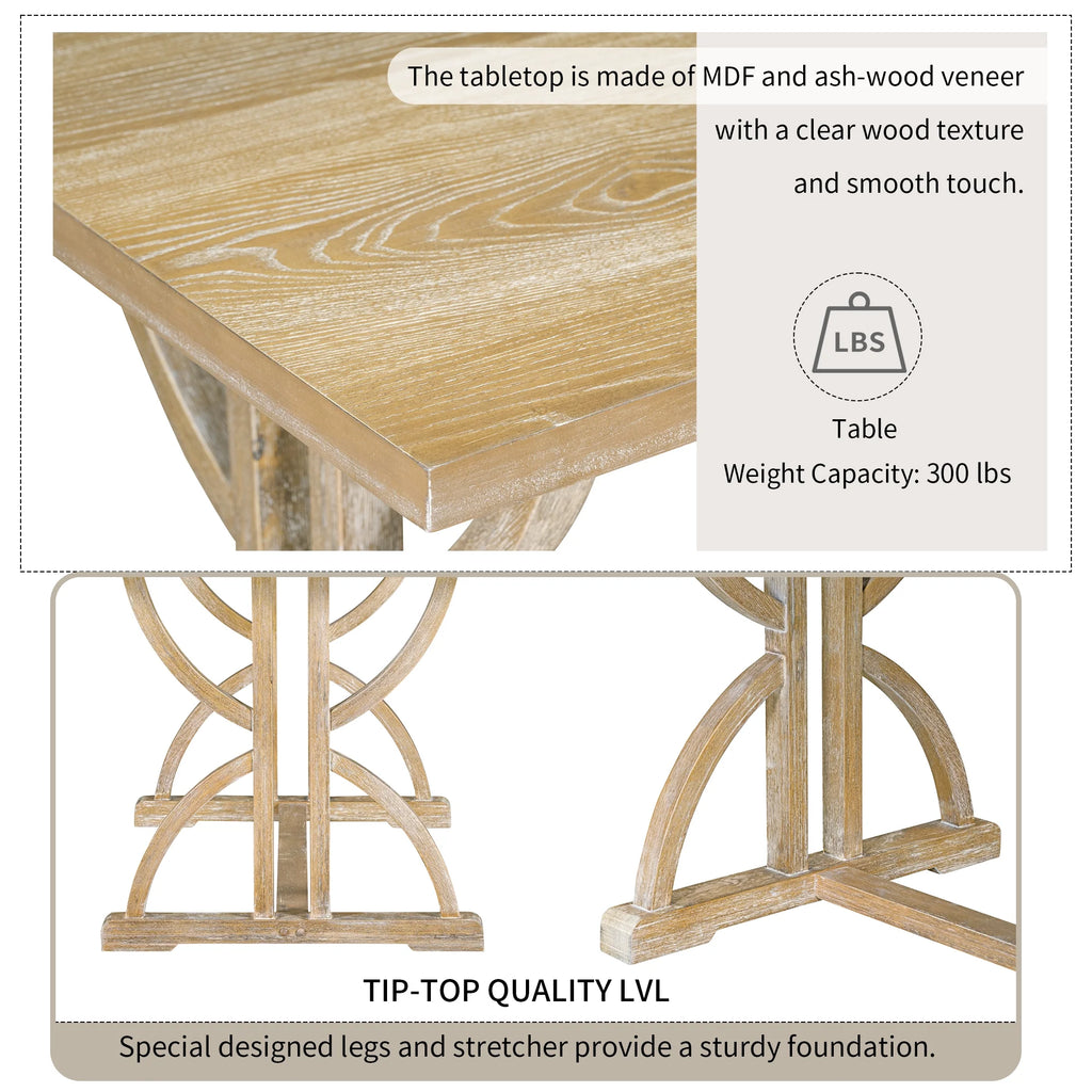 Besthome 6-Piece Retro Rectangular Dining Table Set, Table with Unique Legs and 4 Upholstered Chairs & 1 Bench for Dining Room and Kitchen (Natural Wood Wash)