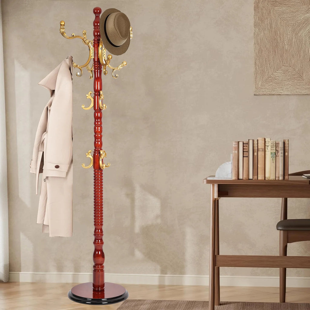 Coat Rack Freestanding, Hall Tree with 11 Hooks, Heavy Duty Wooden Coat Tree Stand, Adjustable Height, Sturdy Base for Bedroom Hallway Office - Load 270lbs