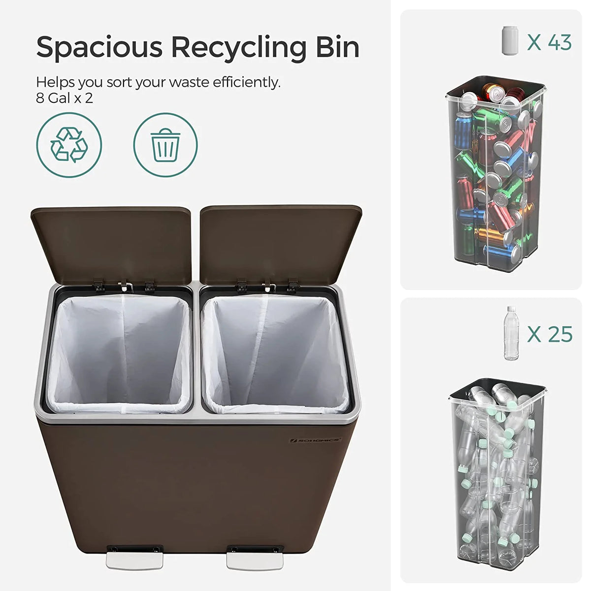 16 Gallon Dual Trash Can, Rubbish Bin and 15 Trash Bags, Metal, Almond Color