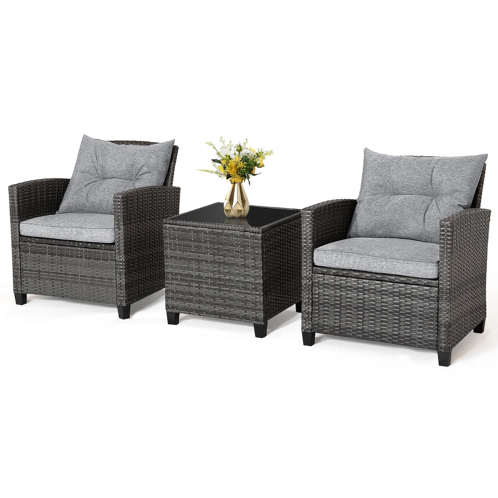 Gymax 3PCS Patio Rattan Sofa Set Outdoor Wicker Conversation Set Glass Tabletop w/ Grey Cushion