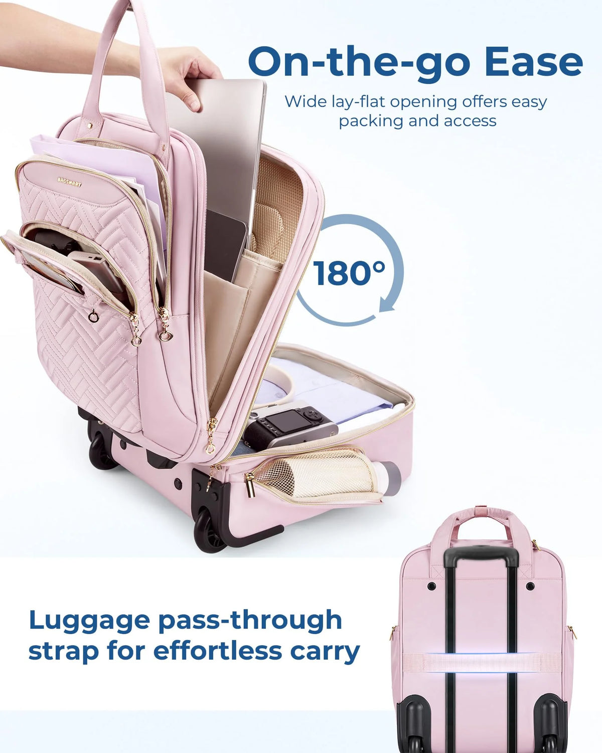 BAGSMART Underseat Carry On Luggage Airline approved,16-inch Underseater Softside Travel Suitcase with Wheels Lightweight Overnight Rolling Carry-on Luggage for Women Men Weekender, Pink