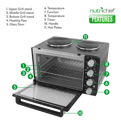 NutriChef 30 Quart Kitchen Convection Oven & 2 Burner Cooker - 1500 Watt Oven - 7 Cook Functions Rotisserie, Cook, Bake, Broil & More - Includes Baking Tray, Skewers & Handles - 19.6 x 16.0 x 13.5 IN