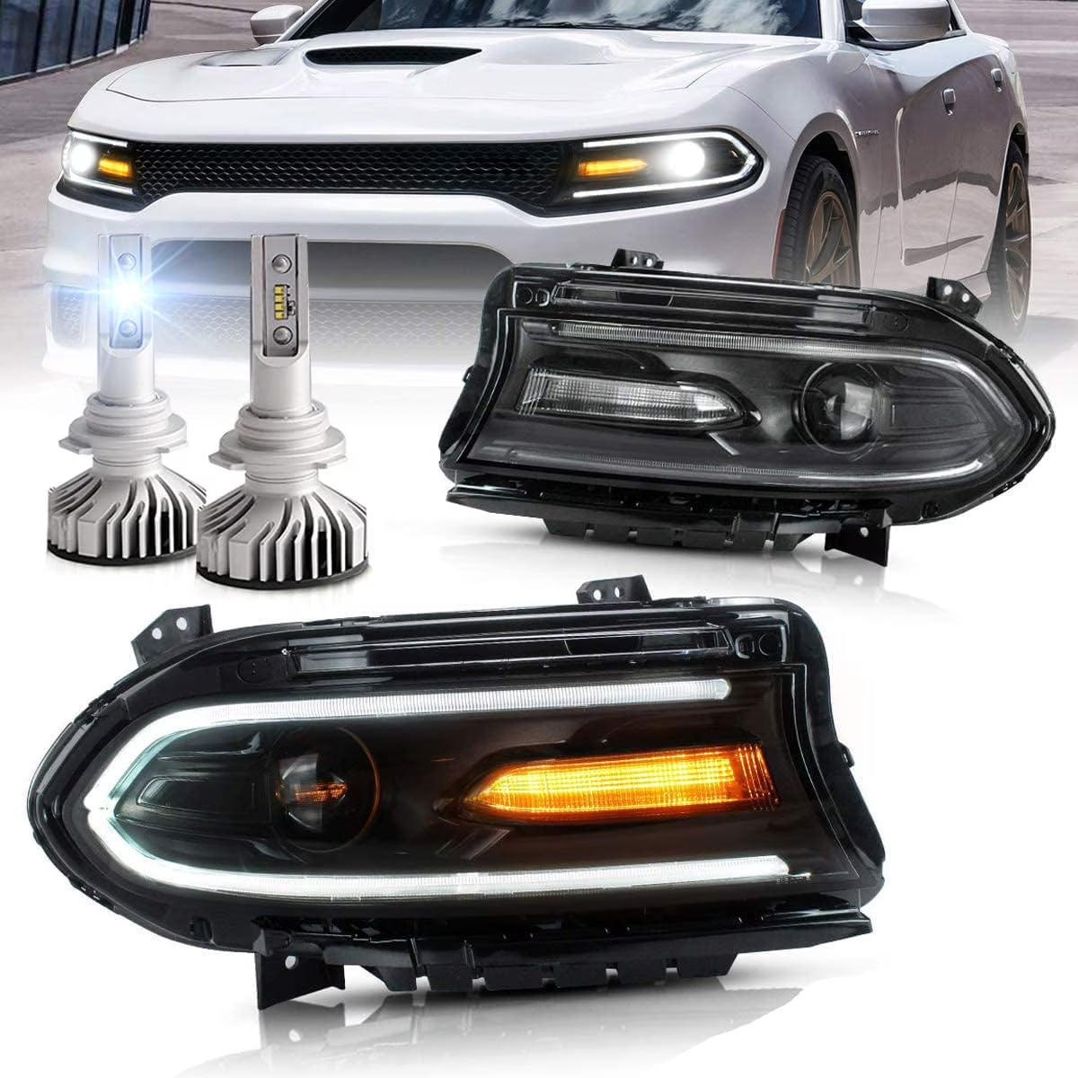 VLAND for Dodge Charger 2011 2012 2013 2014 Dual Beam Projector Headlights Replacement Assembly