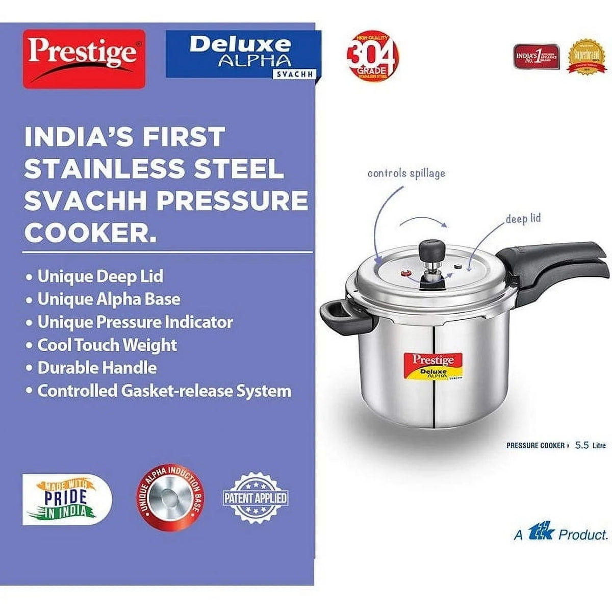 Prestige Deluxe Alpha Svachh 5.5L Stainless Steel Pressure Cooker