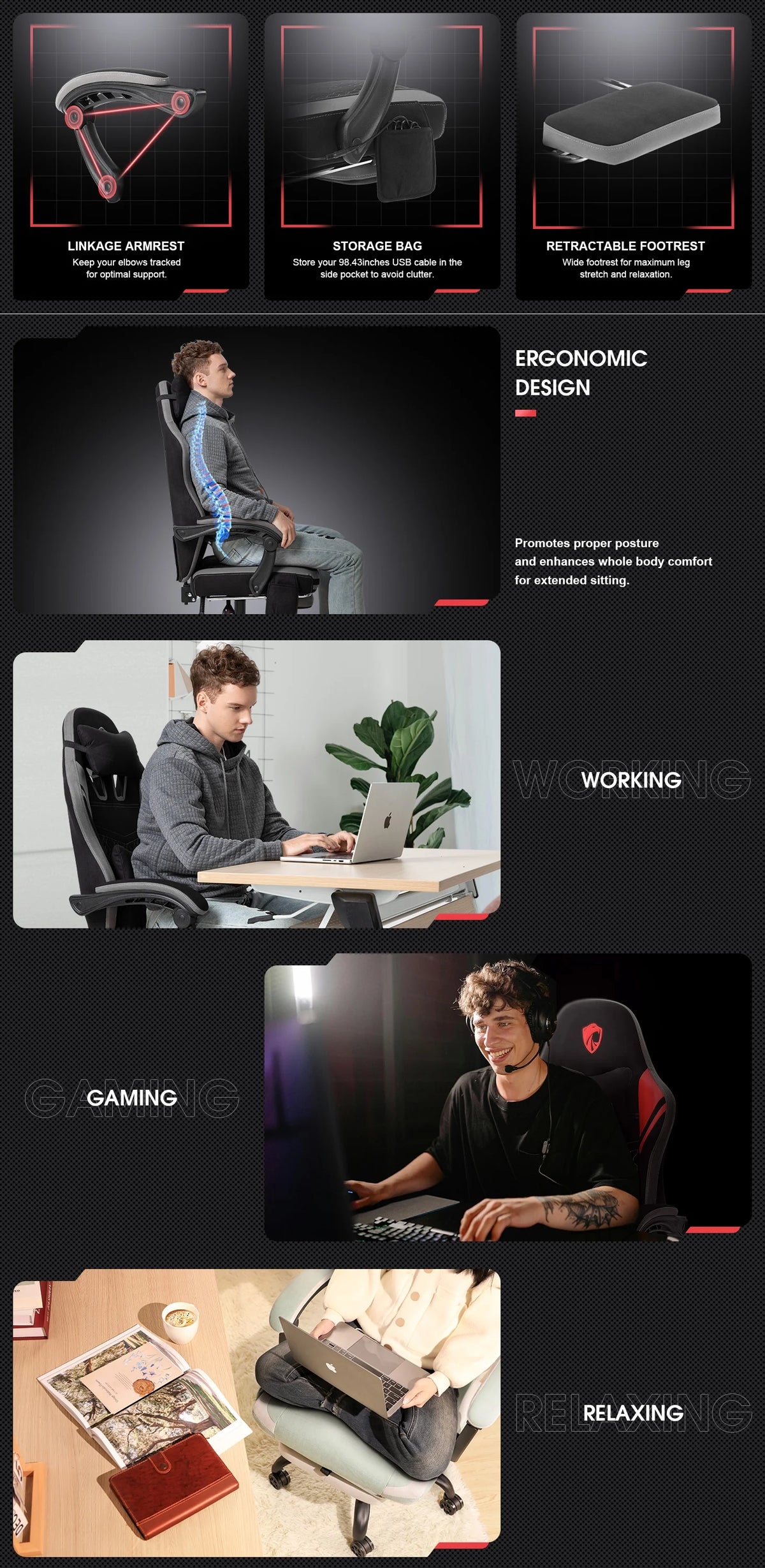 Douxlife Massage Gaming Chair, Spring Cushion, Breathable Fabric Gaming Chair with Footrest, Ergonomic Computer Chair for Adults & Kids