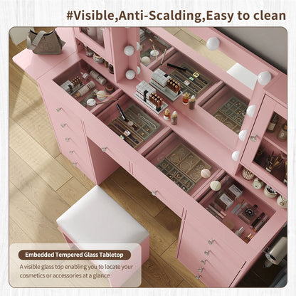 Vanity With Power Outlet, Vanity Desk With Mirror And 10 LED Lights, Makeup Vanity With 12 Drawers And 2 Cabinets, Fold-Up Panel, Glass Top Vanity Table With Chair For Bedroom