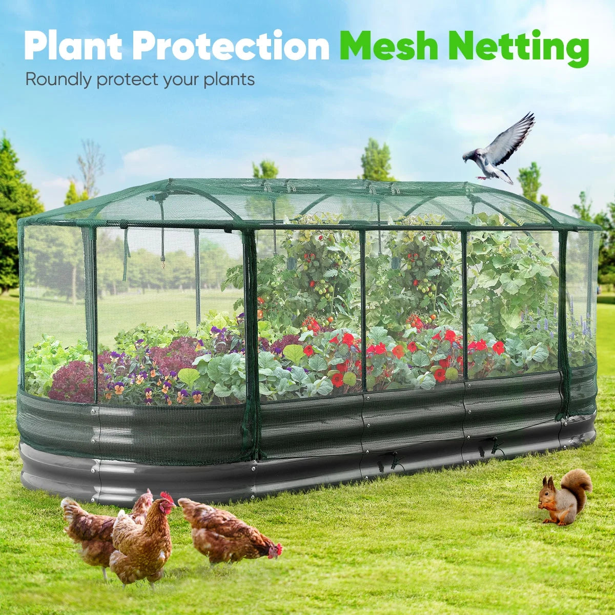 Quictent 8x3x1 ft Galvanized Raised Garden Bed Kit with Self Watering System and Mesh Cover, Large Oval Metal Outdoor Planter Garden Boxes for Vegetables Herbs Flowers