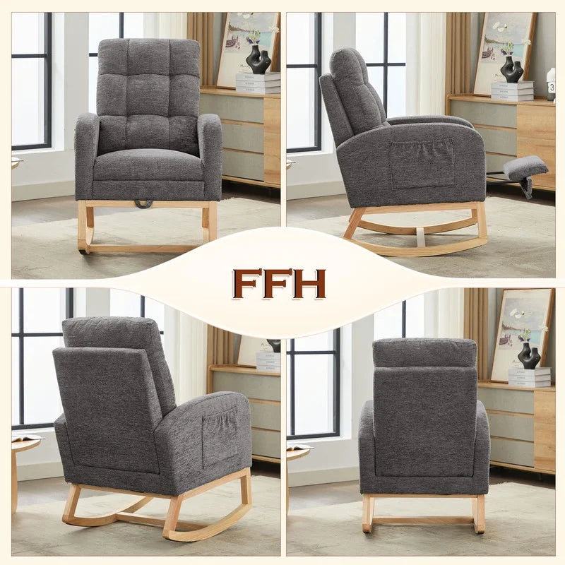 FFH Rocking Chair Nursery, Tufted Accent Rocker Chair, Upholstered Armchair with Adjustable Footrest, Side Pocket, High Backrest, Padded Seat, Polyester Blend (Retro, Dark Gray)