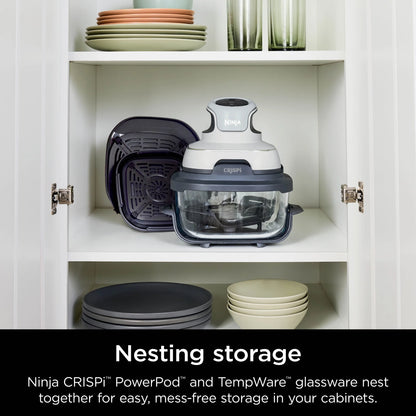 Ninja Crispi 3-in-1 Portable Glass Air Fryer Cooking System, 1500W, 4-Qt & 5-Cup TempWare Glass Containers with Storage Lids, Microwave, Freezer & Dishwasher Safe, White, FN100WH