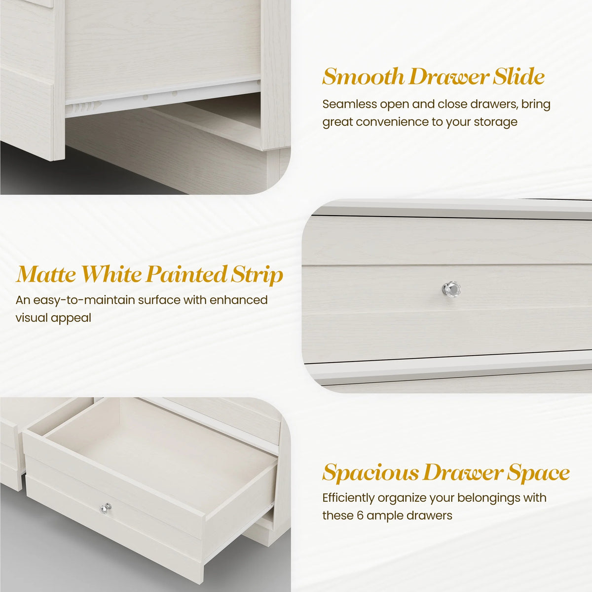 May Color Large White 3 Drawer Dresser Set of 2 with Fluted Panel, Modern Chest of Drawers with Silent Slide Drawers, Wood Accent Nightstand with Storage for Bedroom Living Room, Hallway