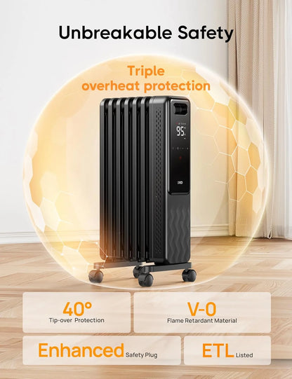 Dreo Oil Filled Radiator, Electric Radiant Heaters for indoor use Large Room with Remote Control, Child Lock, 4 Modes, Overheat & Tip-Over Protection, 24h Timer, Digital Thermostat, Quiet, 1500W