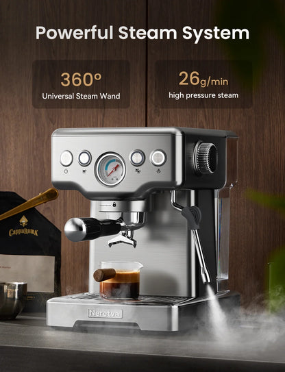 Neretva Espresso Machine 15 Bar Professional Espresso Maker with Milk Frother Steam Wand, Cappuccino & Latte Machine, Espresso Coffee Machine for Home- Stainless Steel